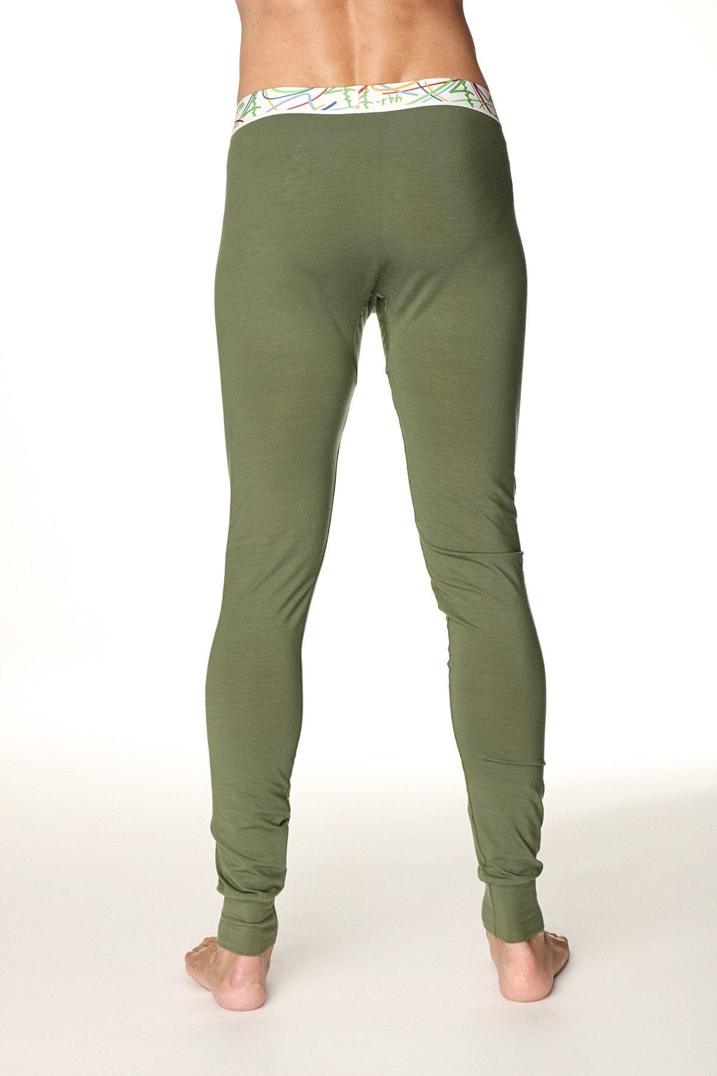Olive green stretchy thermal yoga leggings with patterned white waistband designed for cross training and comfort