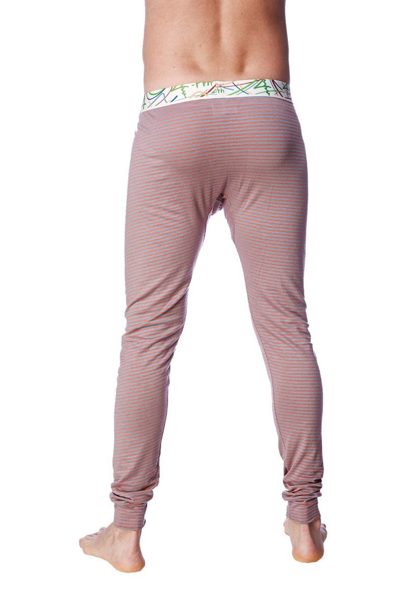 A pair of mauve-striped crosstrain thermal yoga pants with a white waistband featuring green and black botanical patterns