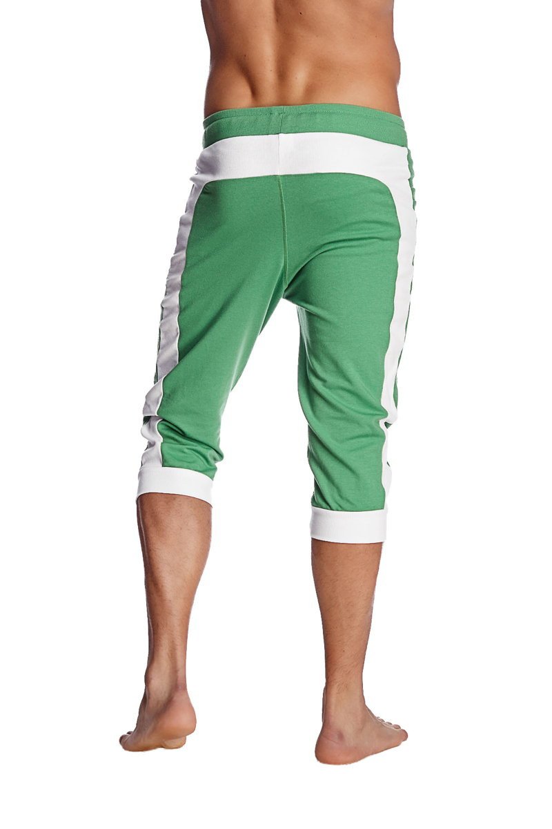 Cuffed yoga pants in bamboo green with white side stripes made from breathable fabric for athletic wear