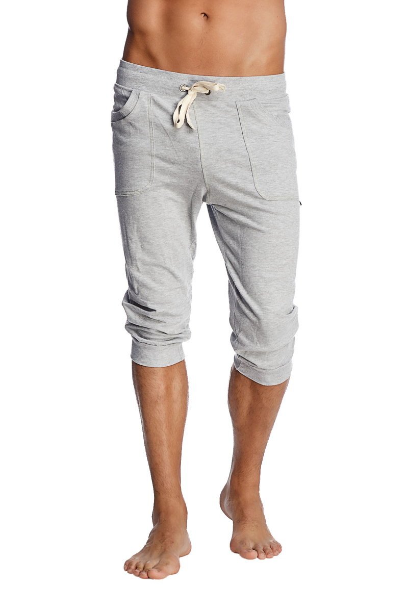 Gray heathered cuffed yoga pants with side pockets and drawstring waistband for comfortable activewear