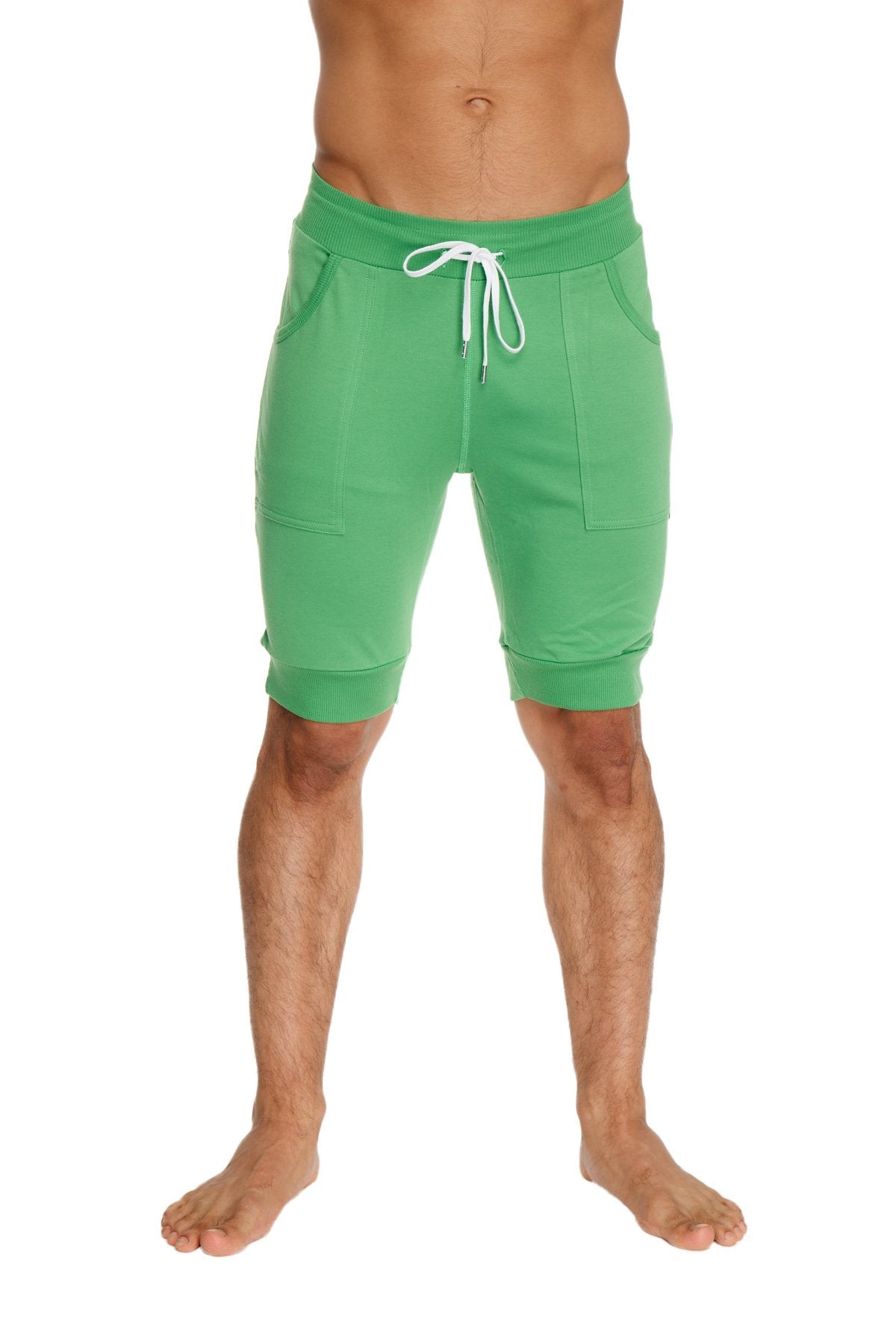 Cuffed yoga short in bamboo green with white drawstring and side pockets made from soft breathable fabric