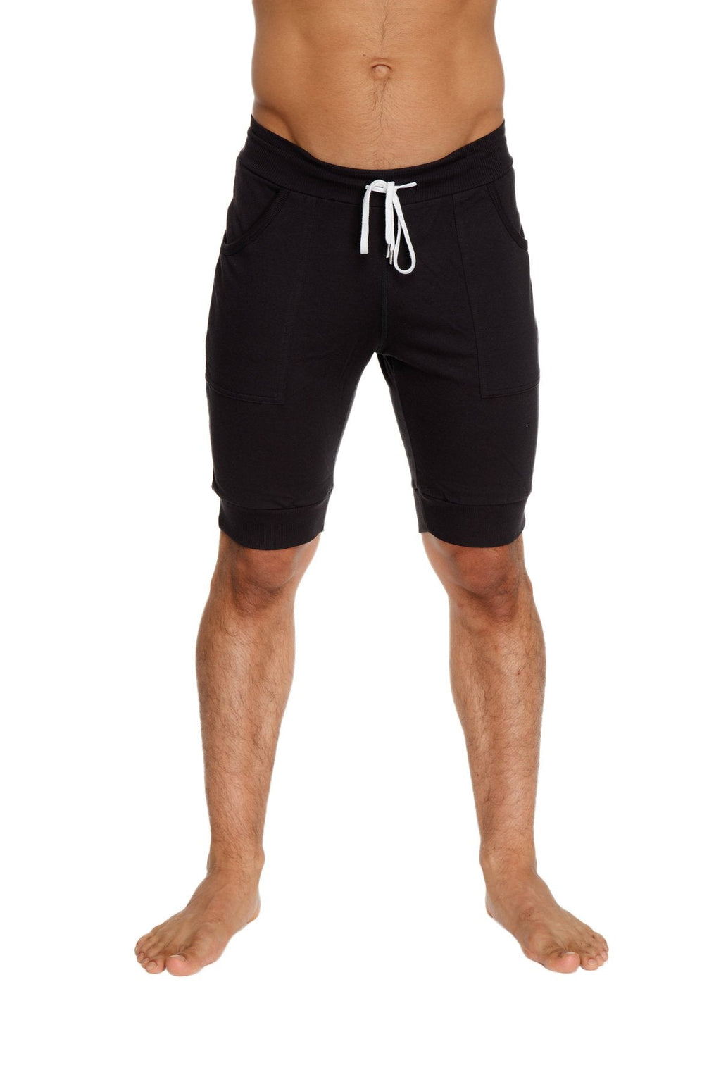 Black cuffed yoga shorts with comfortable relaxed fit and subtle side pockets ideal for casual wear