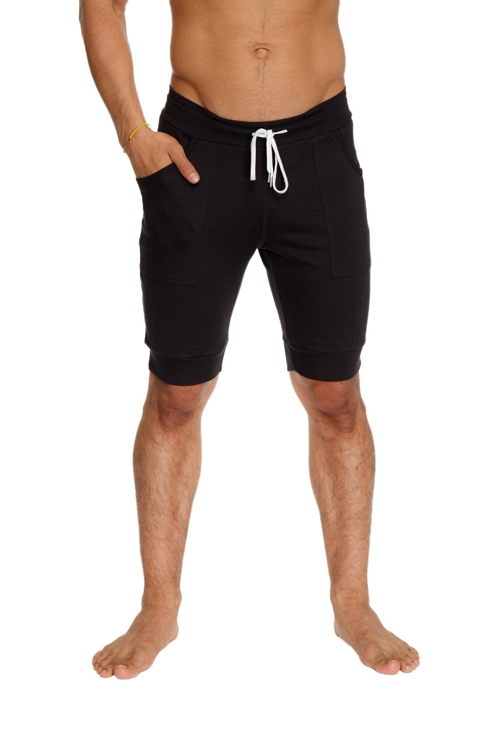Black cuffed yoga shorts with relaxed fit and side pockets designed for comfortable casual wear