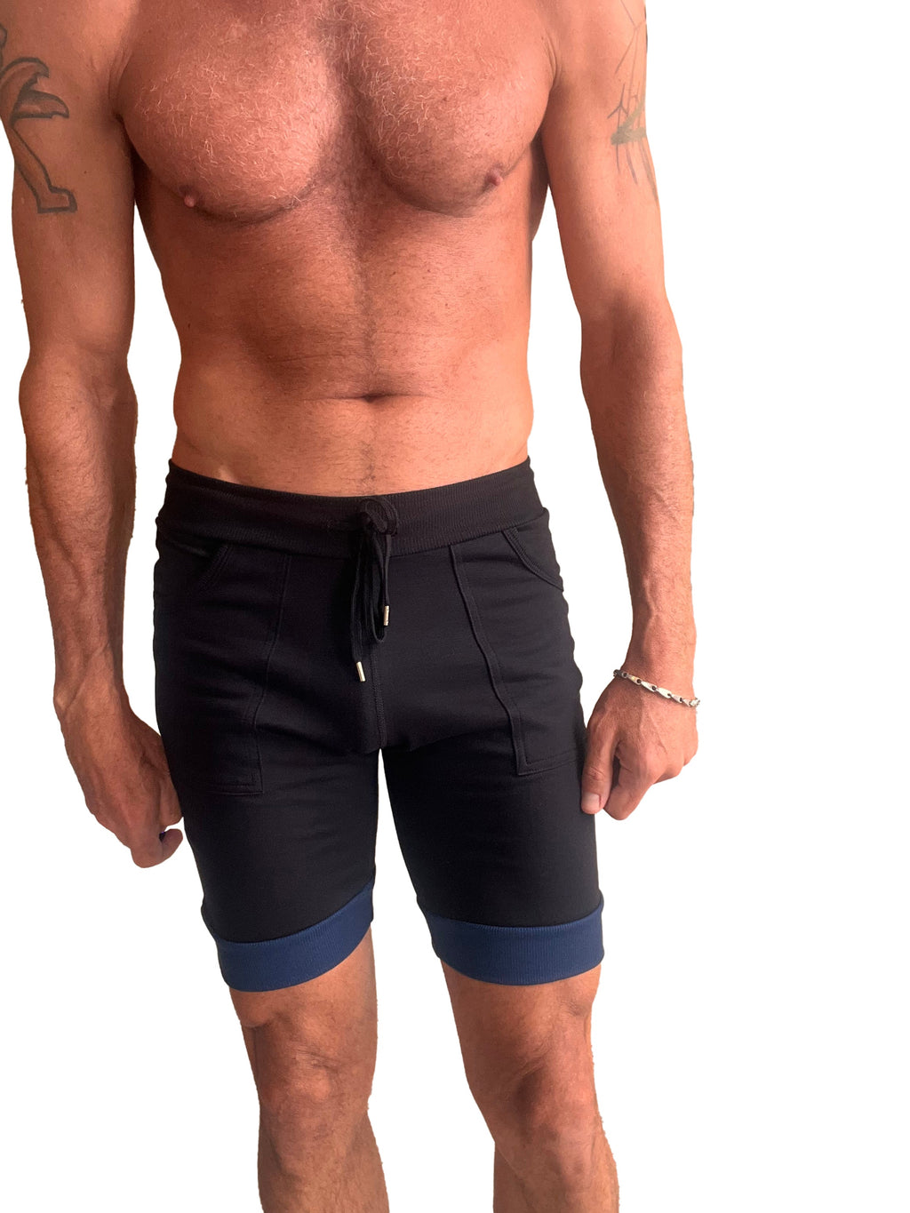 Black cuffed yoga shorts with grey and royal trim and a drawstring waistband for athletic wear