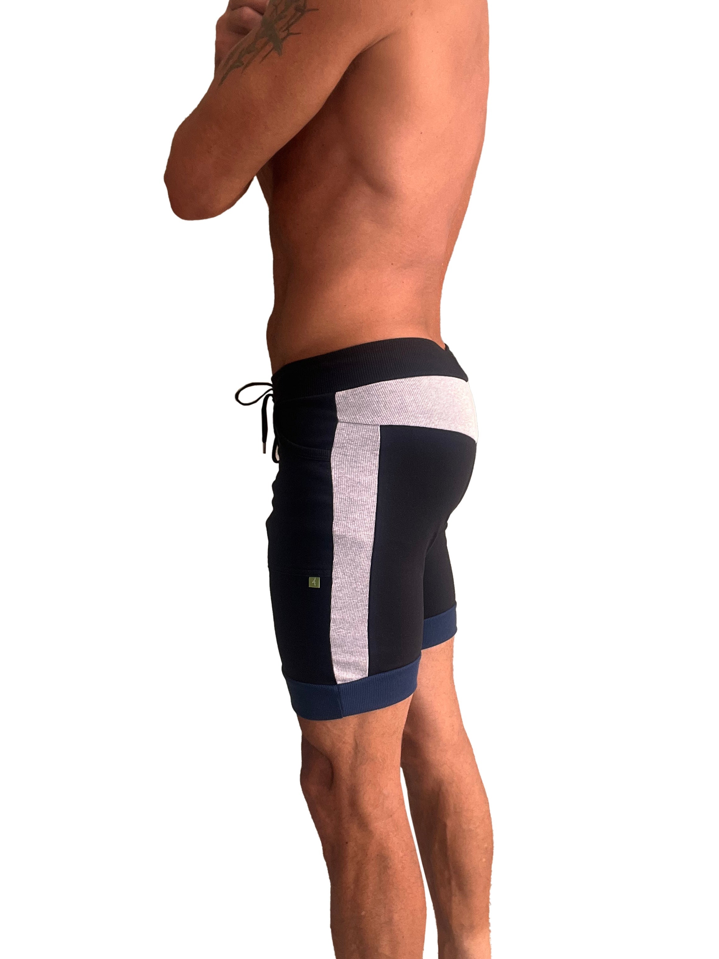 Cuffed yoga short in black with grey textured silver stripe navy trim and adjustable drawstring waistband