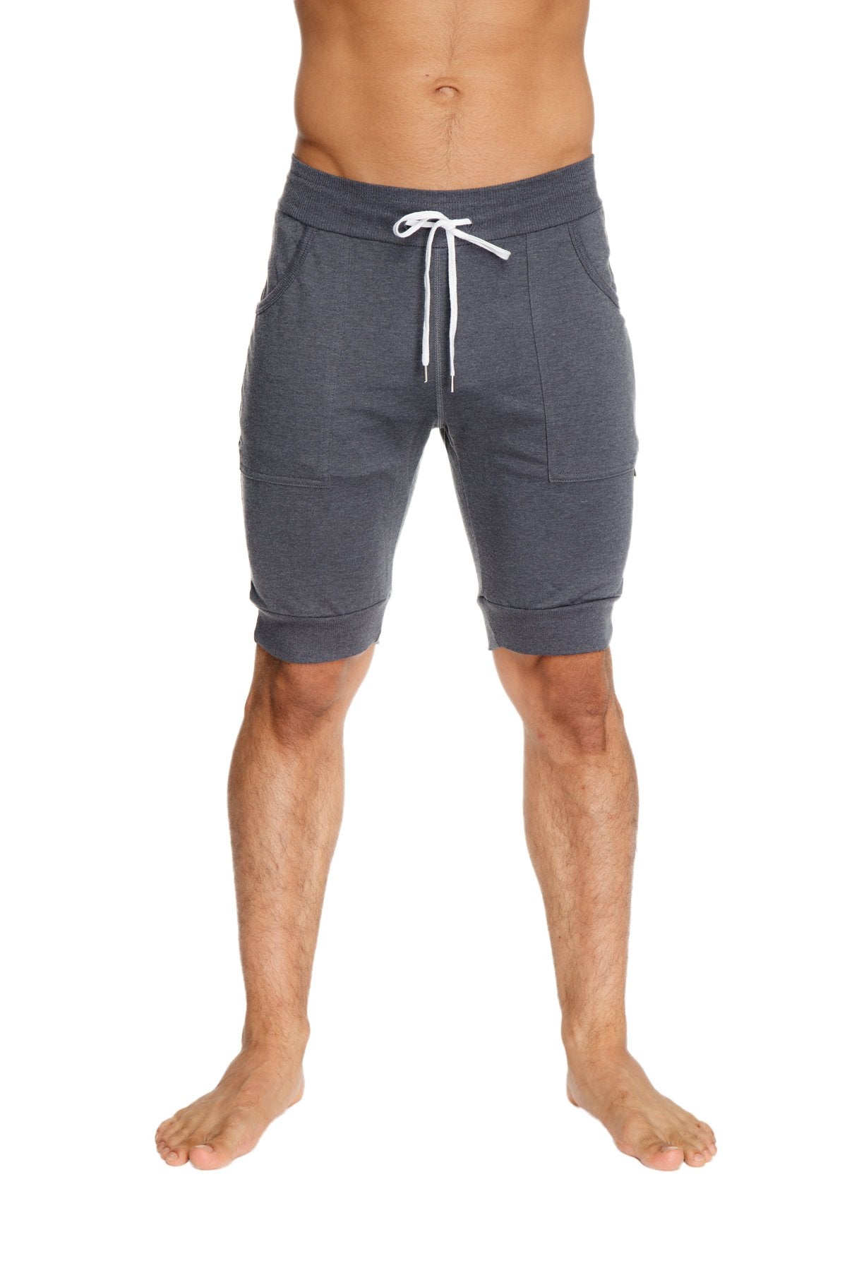 Dark gray textured cuffed yoga shorts with white drawstring and side pockets for comfortable activewear