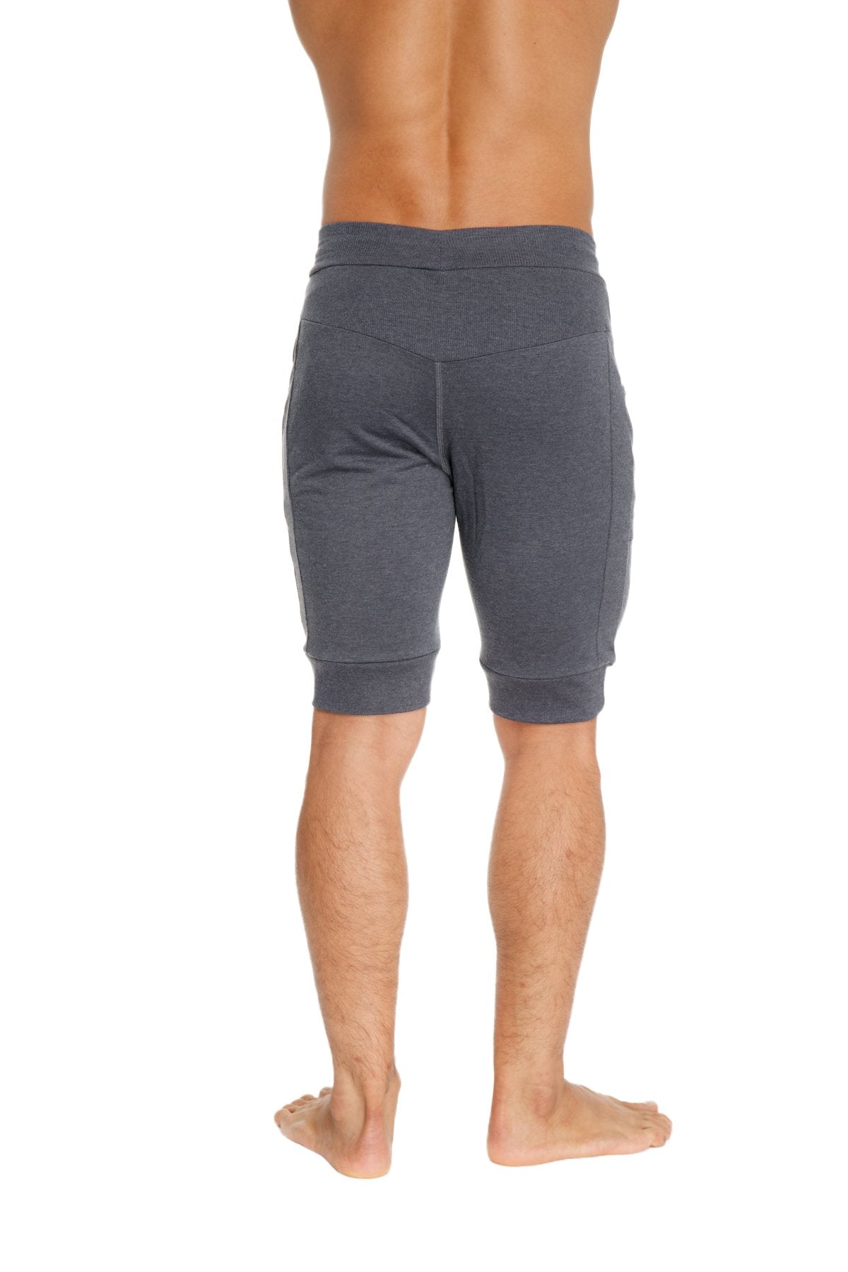 Gray cuffed yoga short with soft textured fabric elastic waistband and ribbed cuffs for comfortable wear
