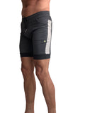 Dark gray cuffed yoga shorts with white vertical stripe black trim side pockets and adjustable drawstring waistband