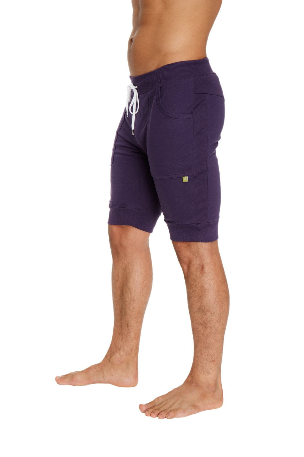 Purple cuffed yoga shorts with white drawstring and side pockets designed for athletic and casual wear