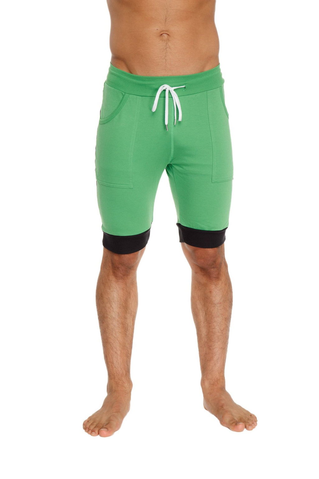 Cuffed yoga short in green with black trim and white drawstrings made for comfortable athletic wear