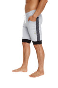 Cuffed yoga short light gray with dark gray side stripe black hem and white drawstrings for athletic wear