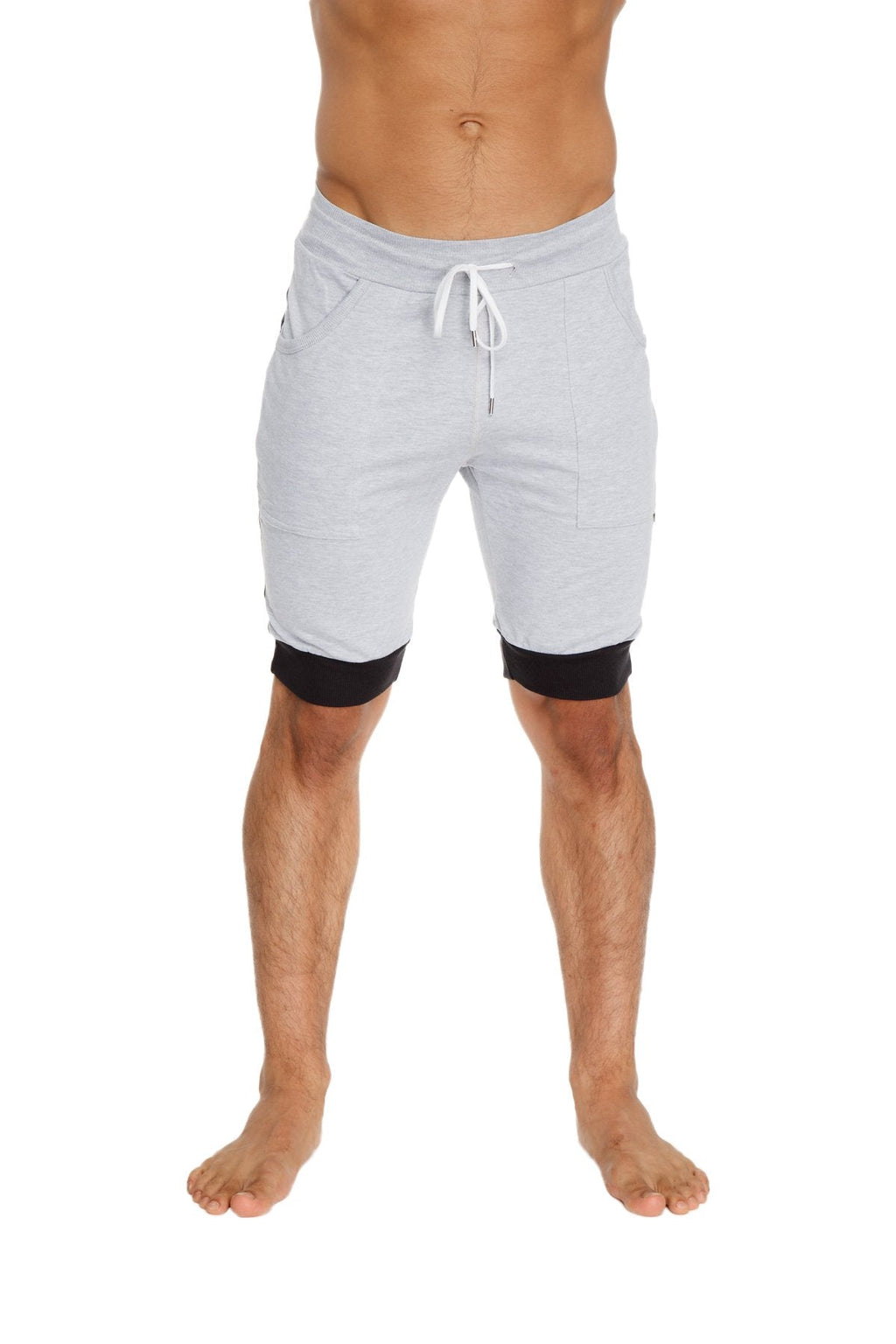 Light gray and black two-in-one cuffed yoga shorts with drawstring waistband for comfortable athletic wear