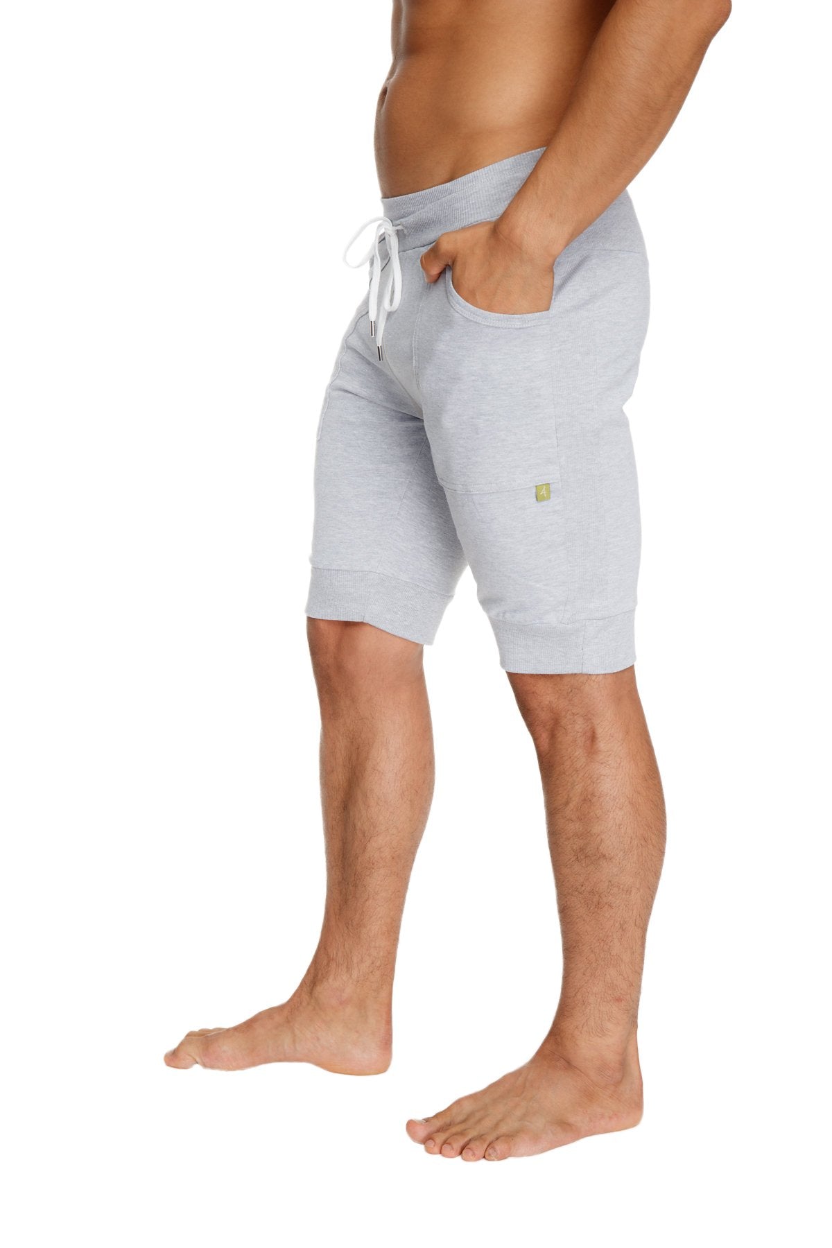 Cuffed yoga short heather grey light gray heathered cotton jogger shorts with white drawstring and green logo on thigh