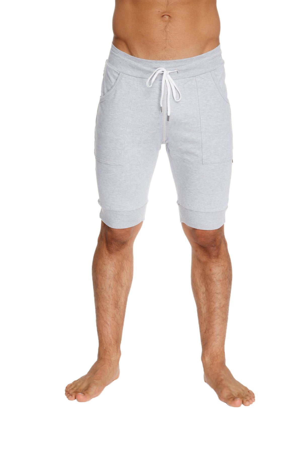 Light gray heathered cotton cuffed yoga shorts with white drawstring and side pockets for comfortable wear