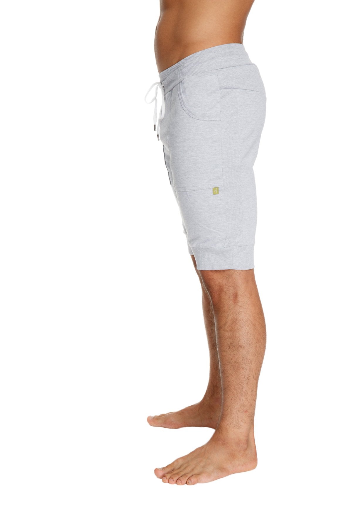 Cuffed yoga short heather grey light gray heathered cotton with white drawstring and small green logo on the side