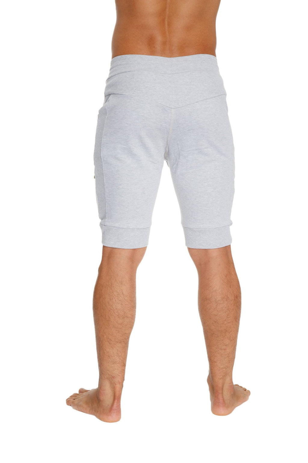 Light gray heather cotton cuffed yoga shorts with elastic waistband and rolled cuffs for comfortable wear