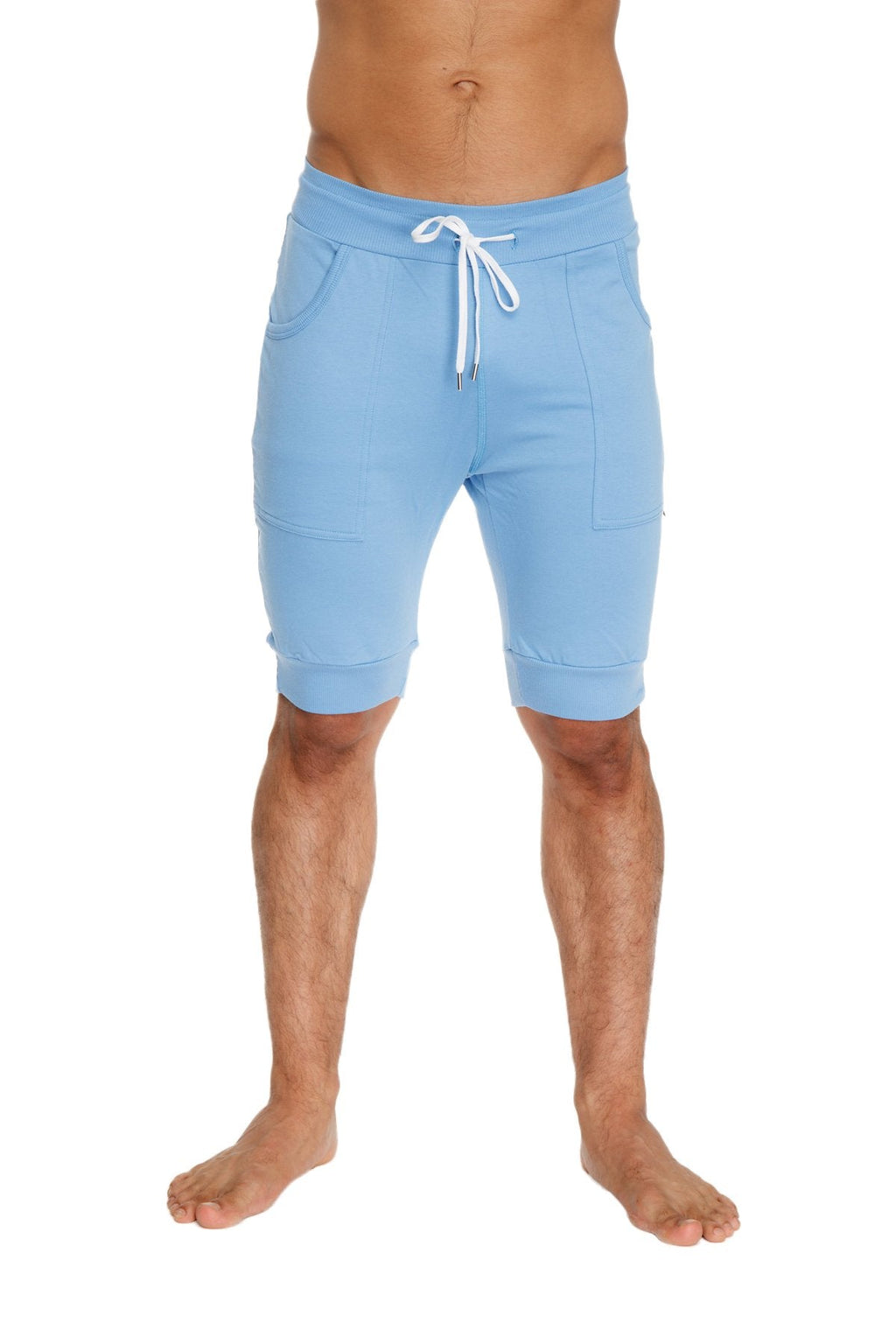 Light blue cuffed yoga shorts made of soft fabric with white drawstring and side pockets for comfortable wear