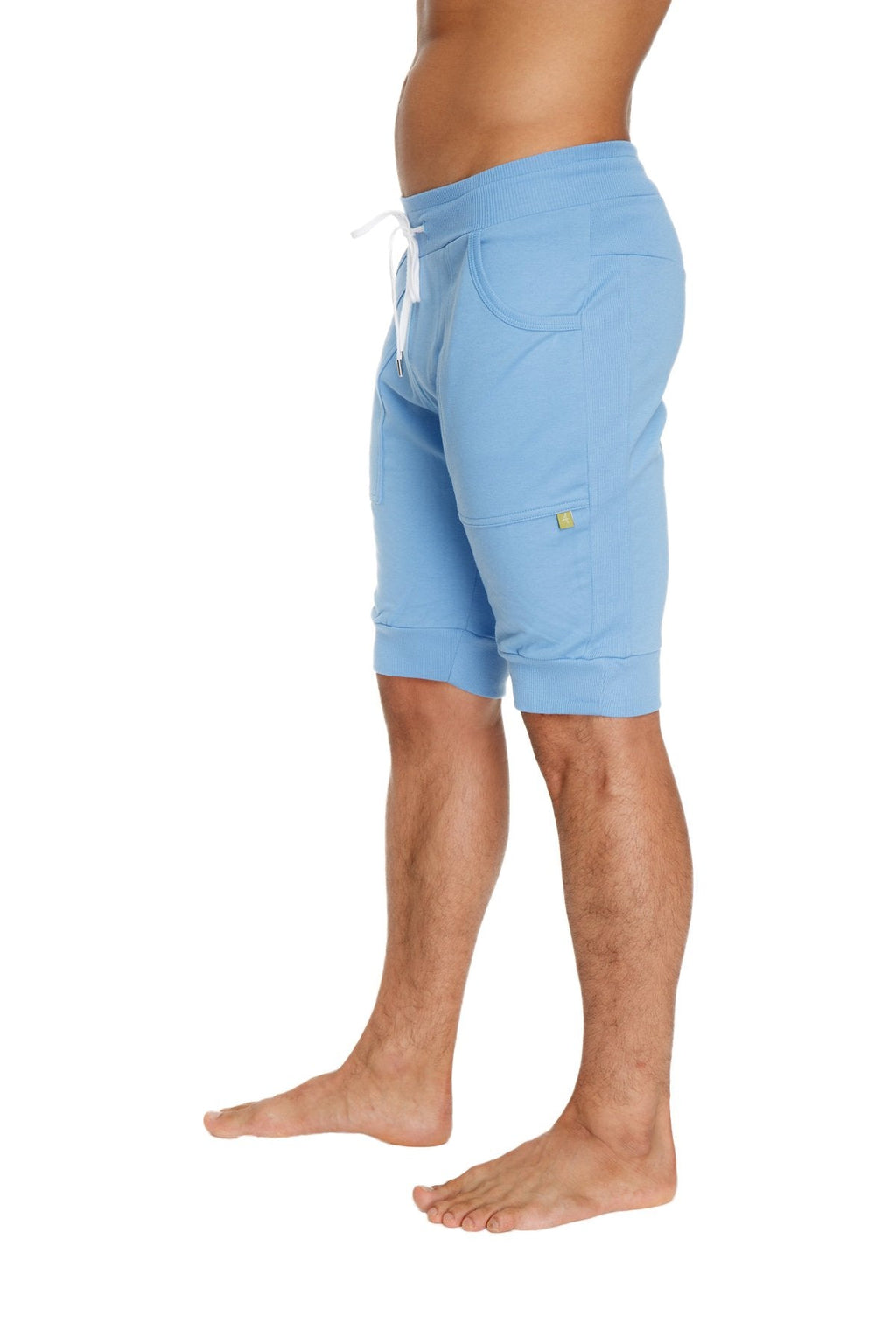 Cuffed yoga short in ice blue soft fabric with white drawstring and yellow logo on the side pocket