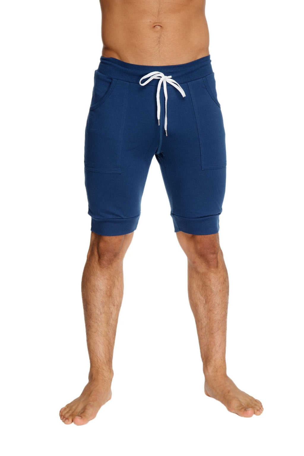 Cuffed yoga short royal blue navy blue jogger-style shorts with white drawstring and side pockets for casual wear