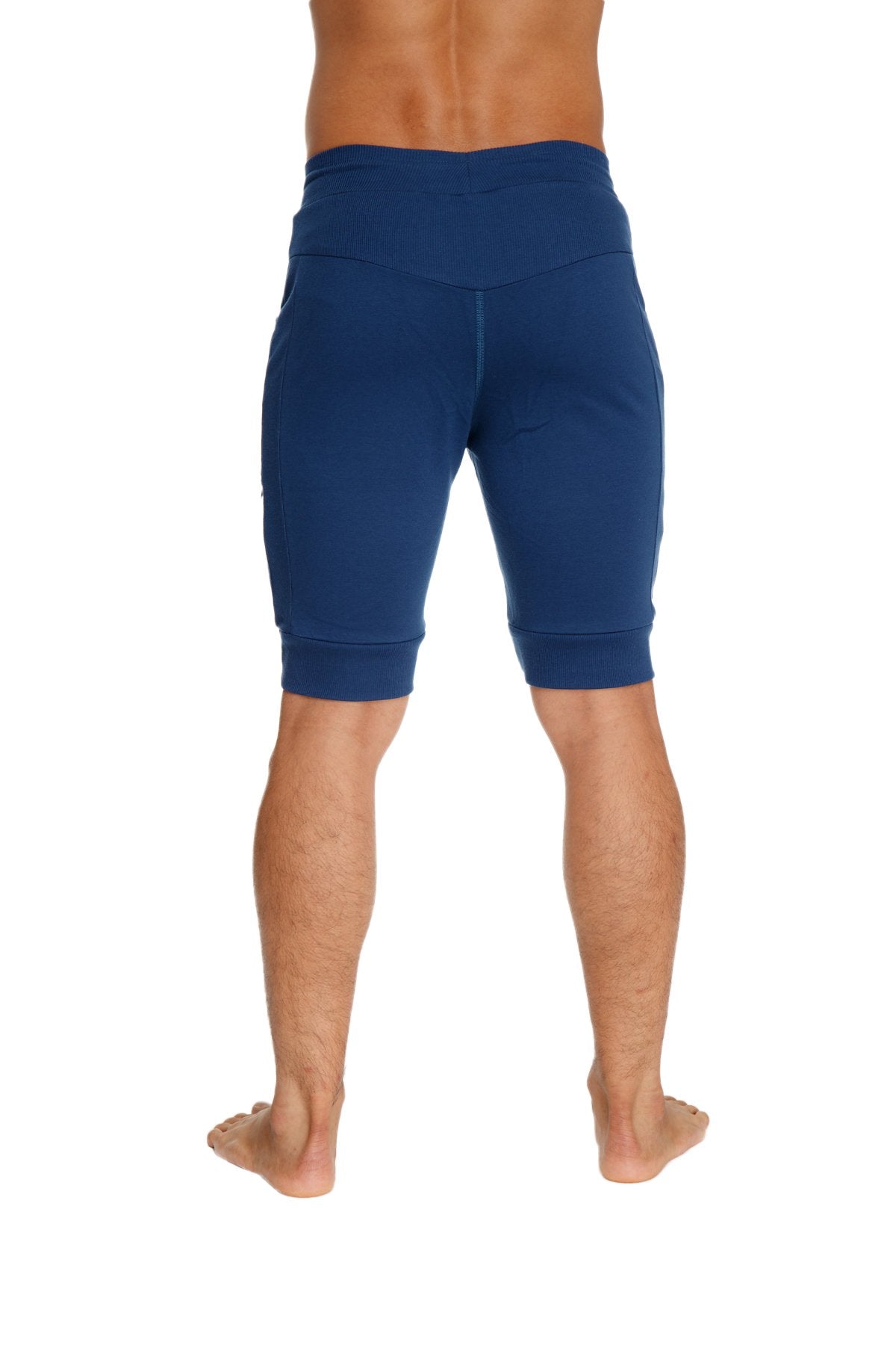 Deep blue high-waisted cuffed yoga shorts with snug fit and elastic cuffs for athletic wear