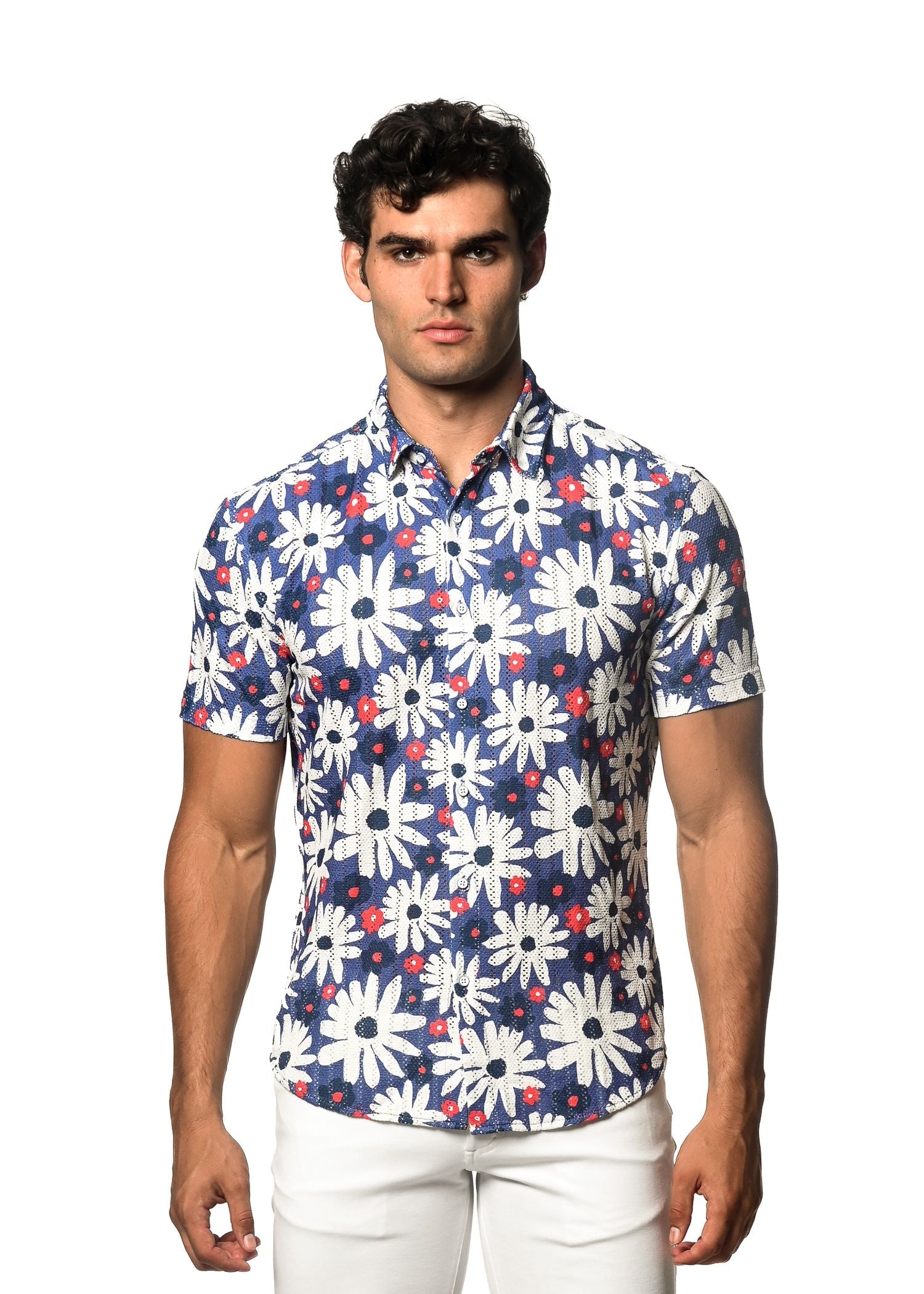 CAMISA DE PUNTO ABIERTO CON ESTAMPADO DE MARGARITAS