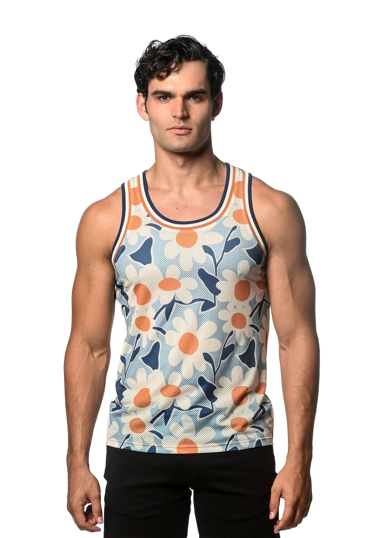 CAMISETA DE MALLA CON ESTAMPADO DE MARGARITAS Y CANALÉ DE RAYAS