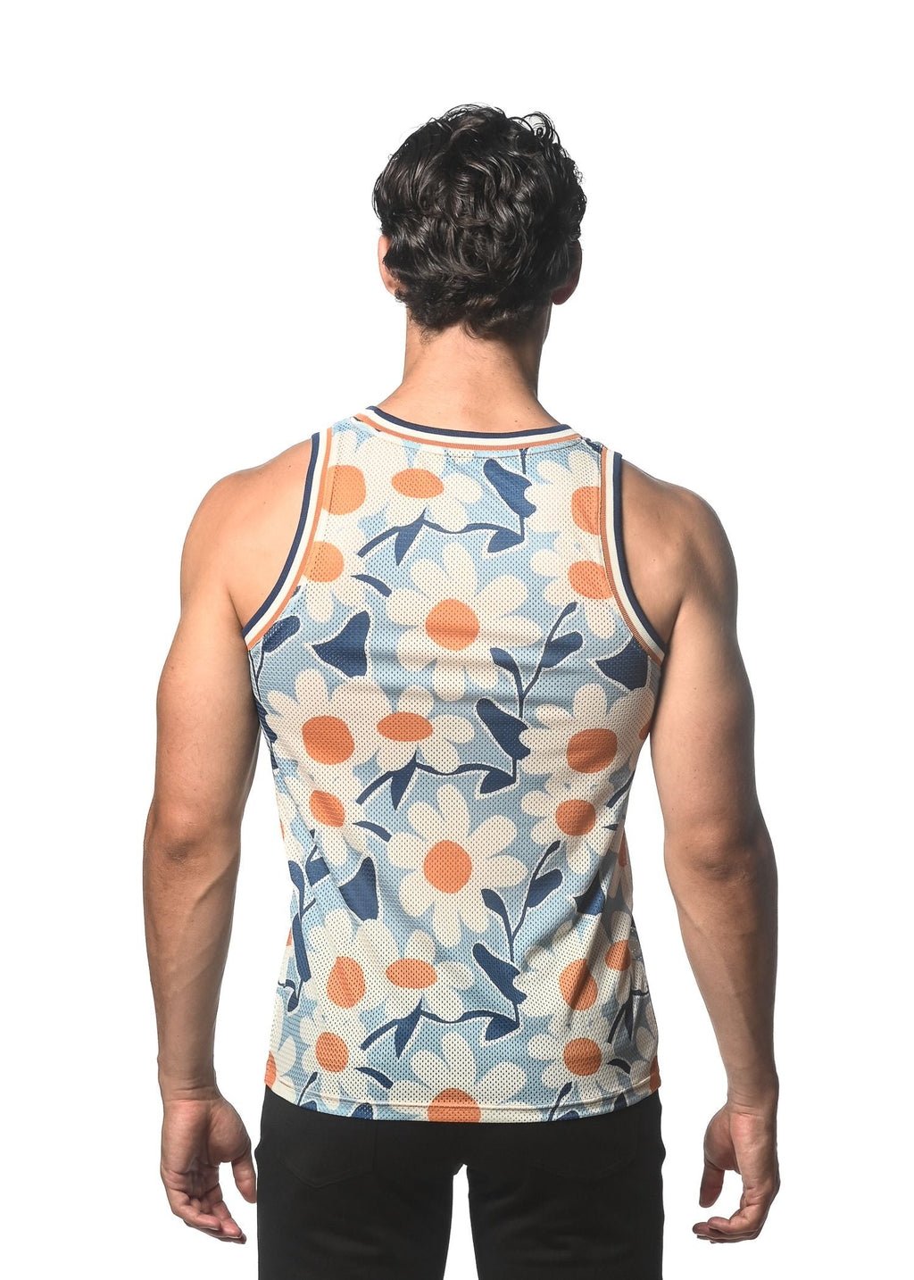 CAMISETA DE MALLA CON ESTAMPADO DE MARGARITAS Y CANALÉ DE RAYAS
