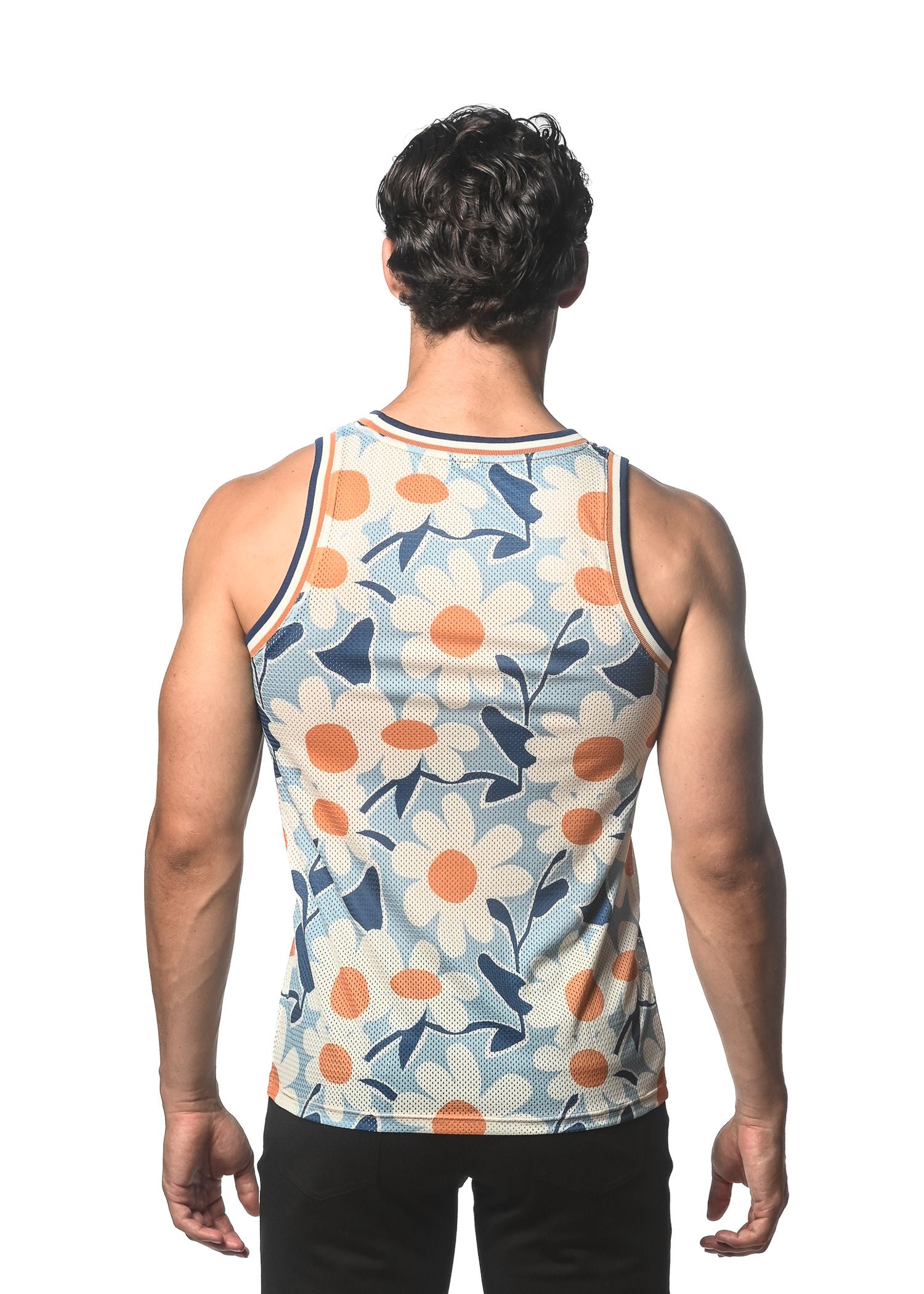 CAMISETA DE MALLA CON ESTAMPADO DE MARGARITAS Y CANALÉ DE RAYAS