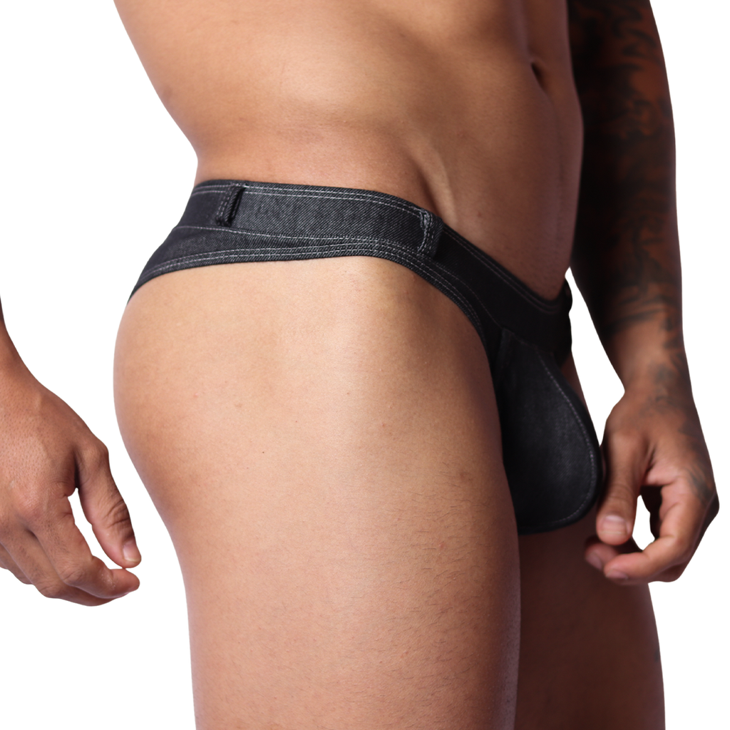 Denim Black Thong front view by Gigo Underwear
