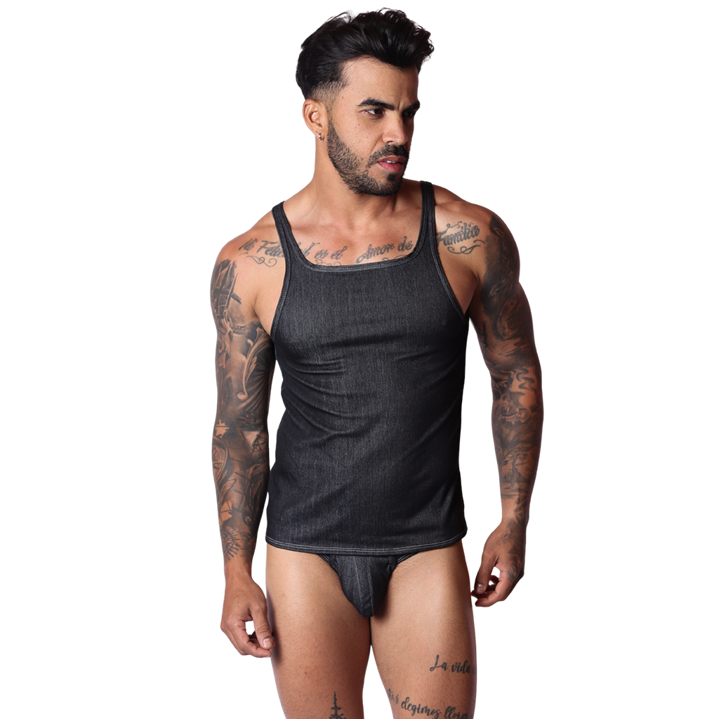 Denim Black Tank on model by Gigo Underwear