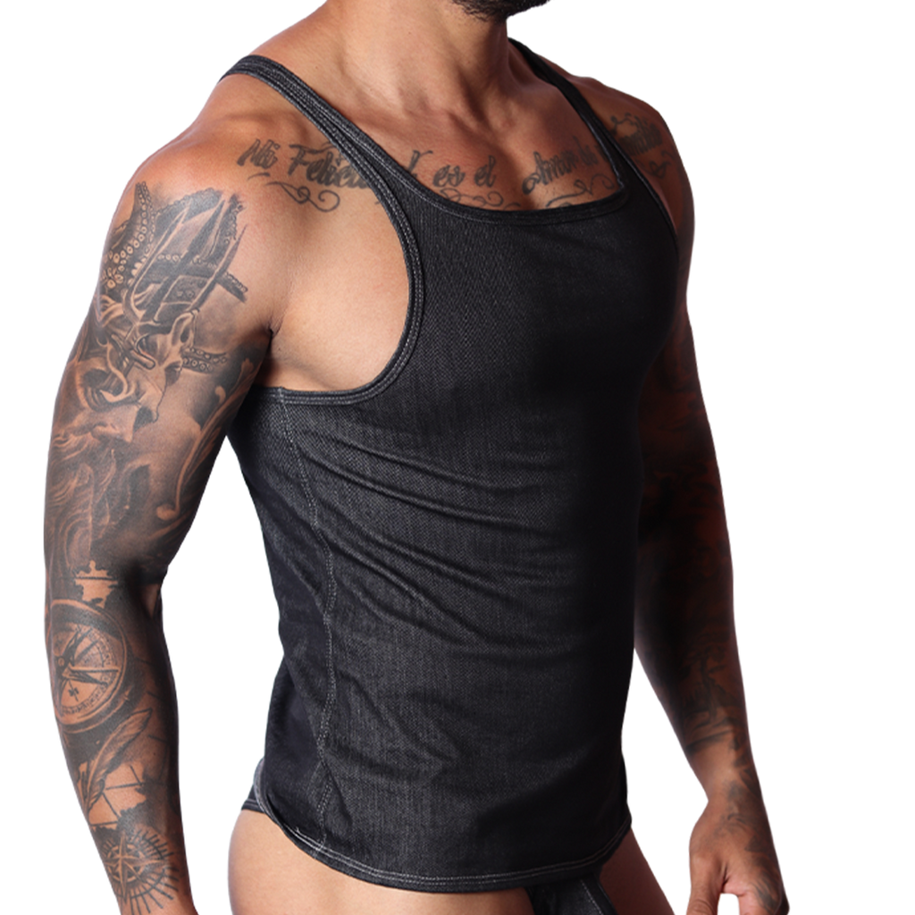 Denim Black Tank front view by Gigo Underwear