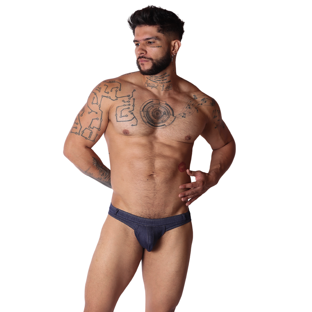 Denim Blue Thong on model by Gigo Underwear