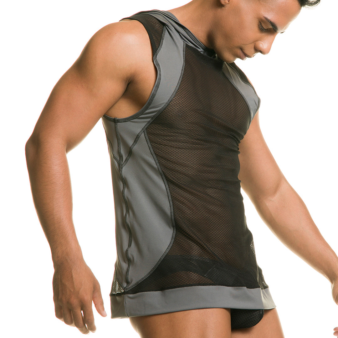 DESTRUCTIVE GRAY HOODY TSHIRT - Men's black mesh hooded undershirt with hood