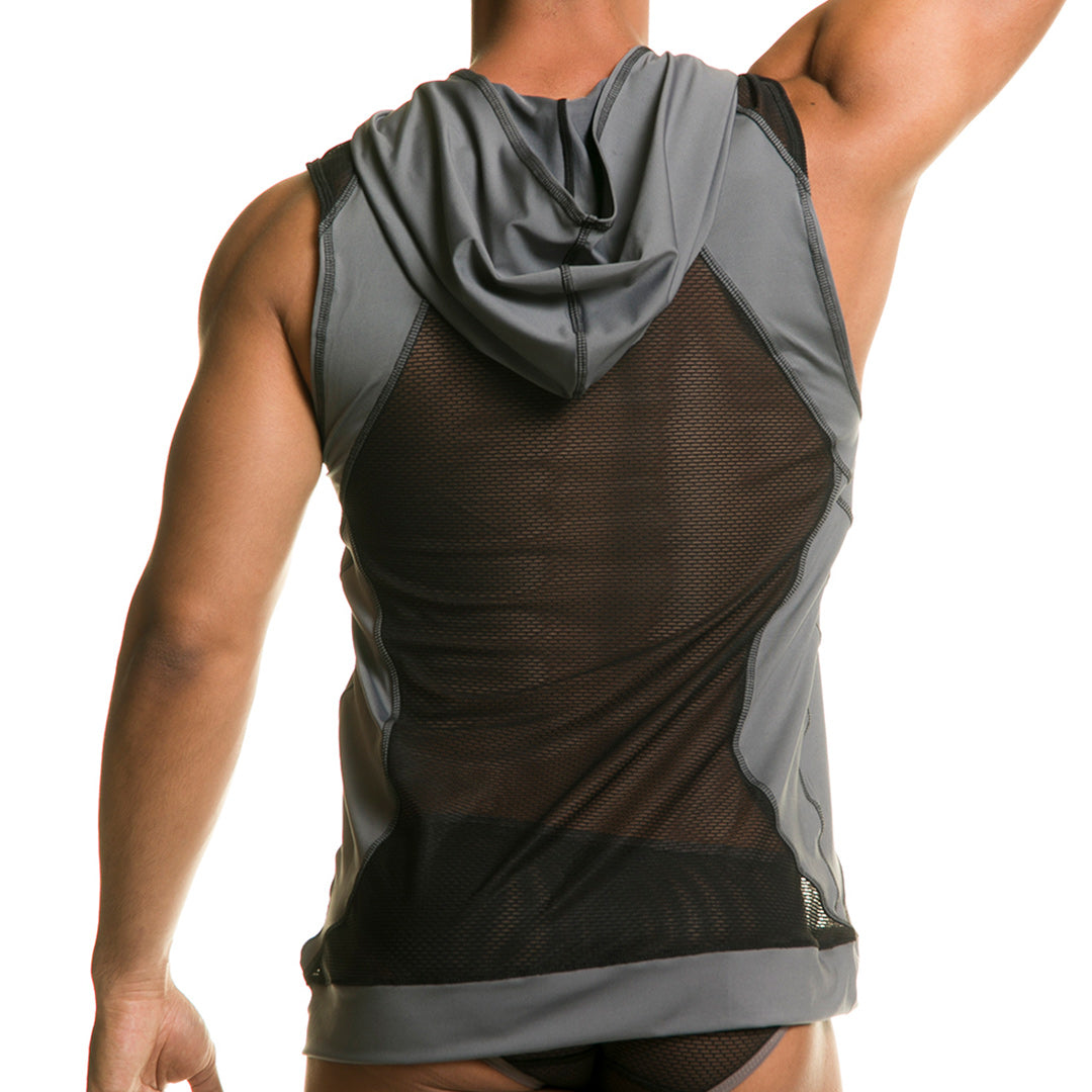 DESTRUCTIVE GRAY HOODY TSHIRT - Men's black mesh hooded undershirt with hood