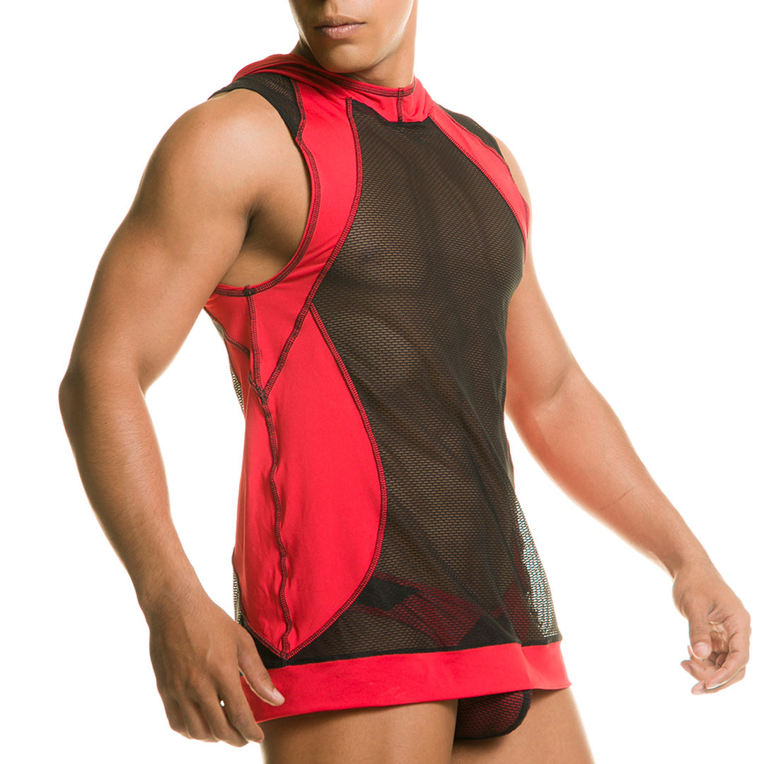 DESTRUCTIVE RED HOODY TSHIRT - Men's black mesh hooded undershirt with hood