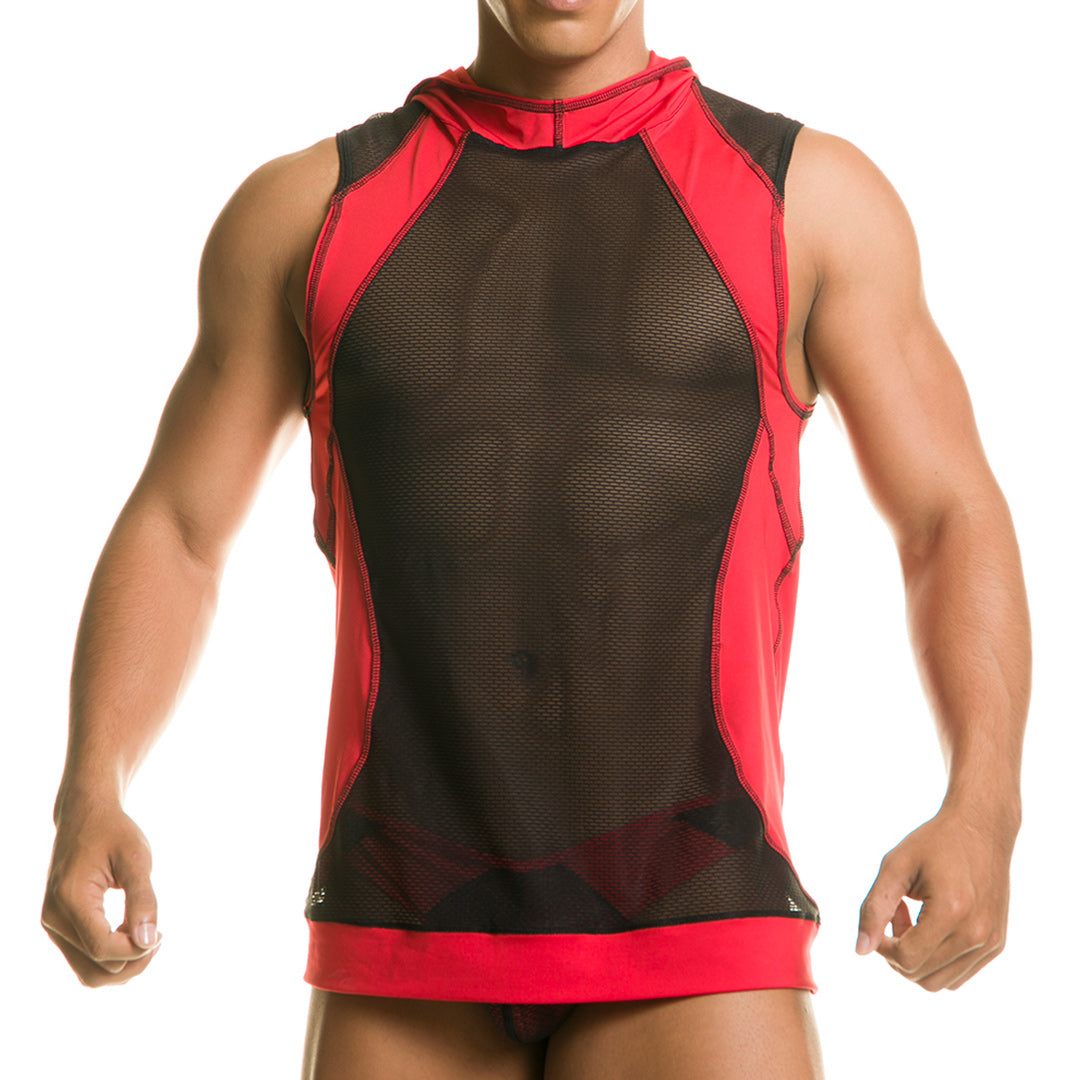 DESTRUCTIVE RED HOODY TSHIRT - Men's black mesh hooded undershirt with hood