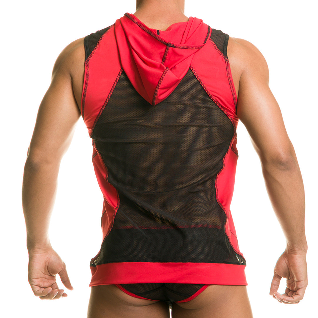 DESTRUCTIVE RED HOODY TSHIRT - Men's black mesh hooded undershirt with hood