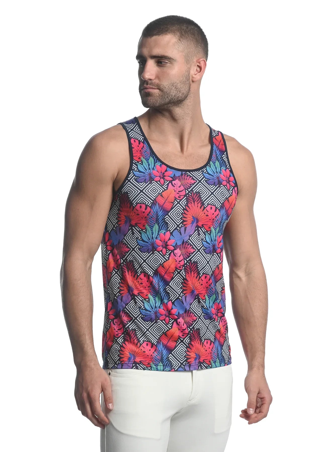 CAMISETA DE MALLA CON ESTAMPADO TROPICALES DE DIAMANTES