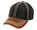 Distressed washed denim two tone cap in black with brown leather brim and white stitching