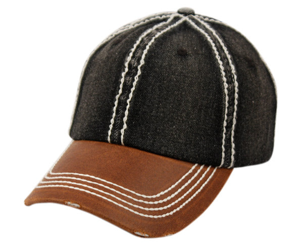 Distressed washed denim two tone cap in black with brown leather brim and white stitching