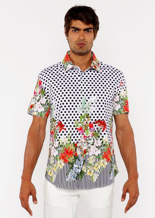 Dots abstract s s woven modal border shirt is a white short sleeve button up with black polka dots and red floral print