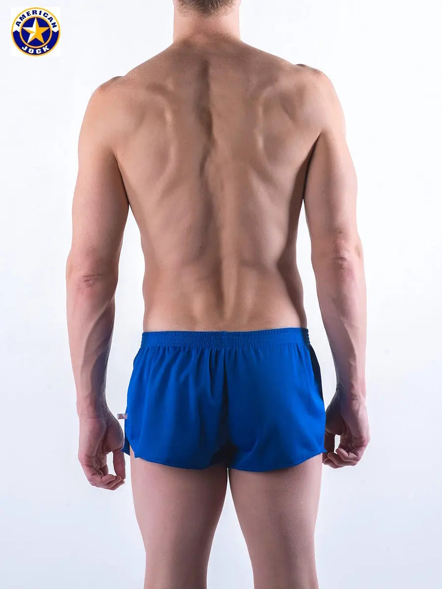 Men's royal blue running shorts by AMERICAN JOCK featuring a comfortable elastic waistband and a lightweight design.
