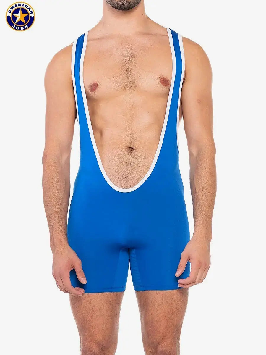 Royal blue men's scoop singlet with white trim made of stretchy material worn by a model by American Jock.