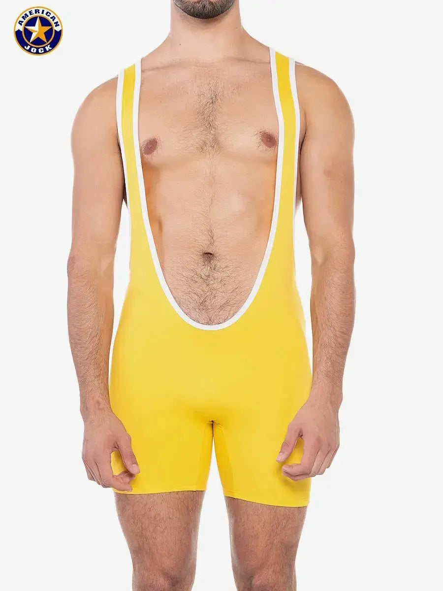 Gold yellow men's sports scoop singlet by AMERICAN JOCK featuring wide white trim and a fitted design.