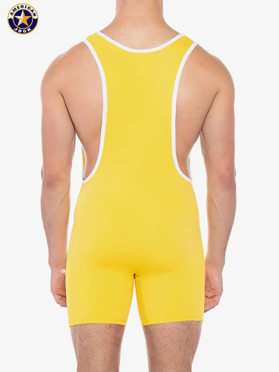 Men's gold yellow sports scoop singlet with white trim shown from the back by AMERICAN JOCK.