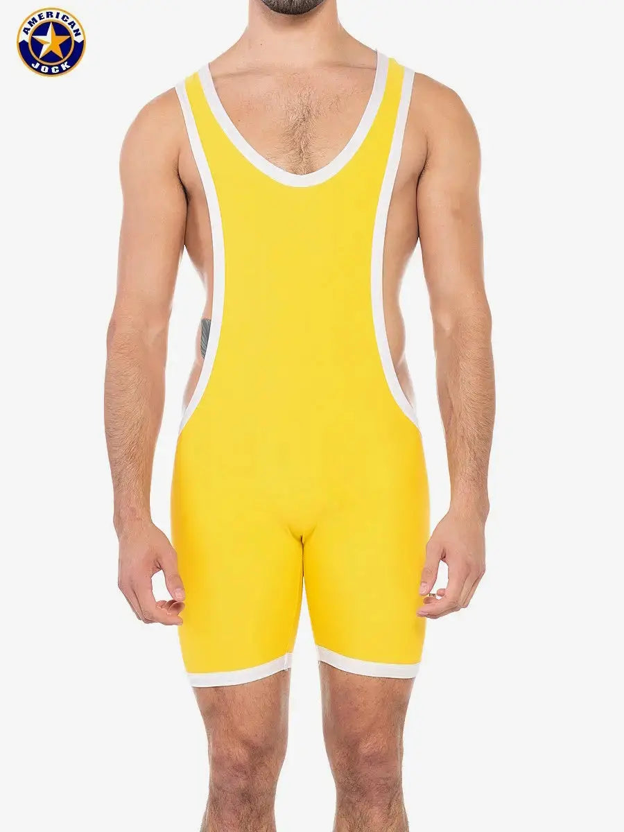 Men's gold yellow sports freestyle singlet with white trim made by AMERICAN JOCK featuring a deep V-neck and sleeveless design.