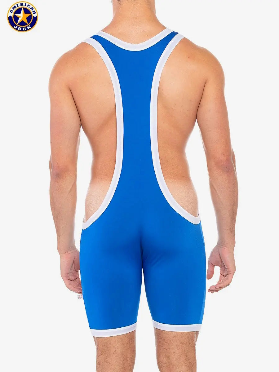 Men's royal blue sports singlet by AMERICAN JOCK featuring a racerback design and white trim shown from the back.