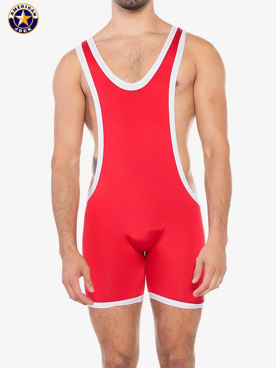 Men's red sports freestyle singlet by AMERICAN JOCK featuring a deep V-neck and white trim made for athletic wear.