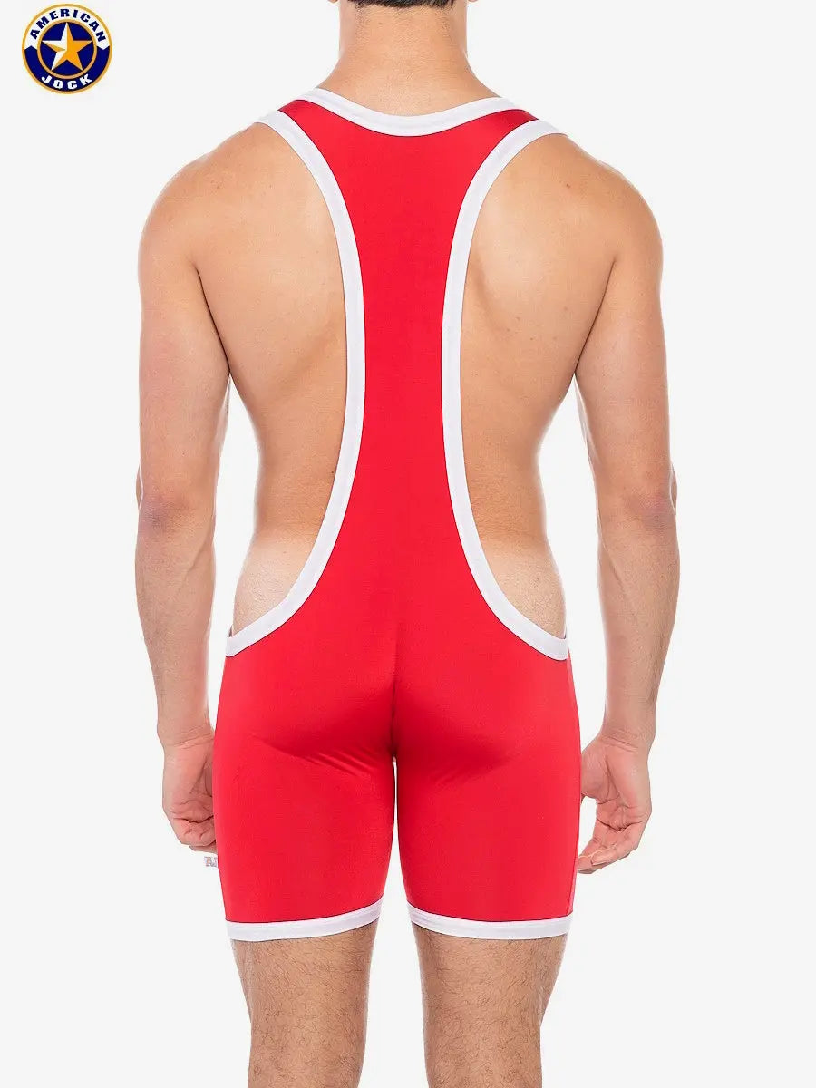 Men's red sports freestyle singlet with white trim featuring a racerback design shown on a model from the back by AMERICAN JOCK.