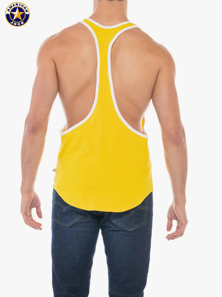 Men's gold yellow sports stringer tank top by AMERICAN JOCK featuring a racerback design and white trim shown from the back.
